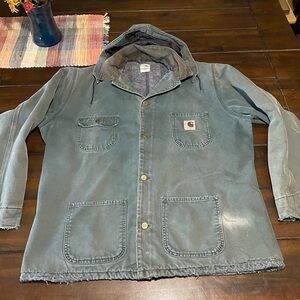 Carhartt Detroit Distressed XL Long Green Hooded Jacket with Corduroy Collar